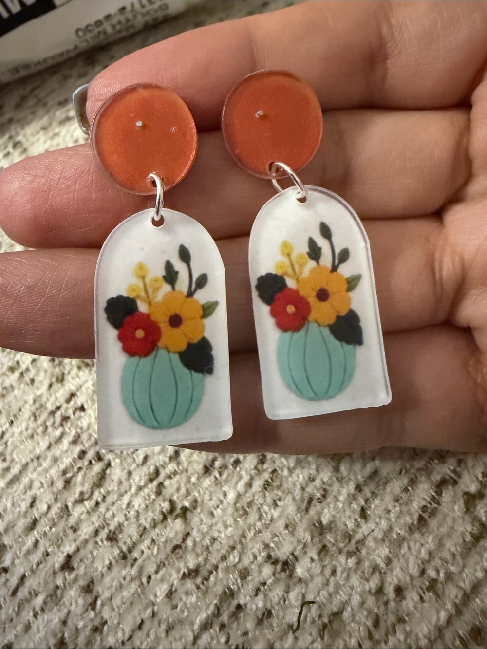 Handcrafted Floral Drop Earrings in Orange and Teal
